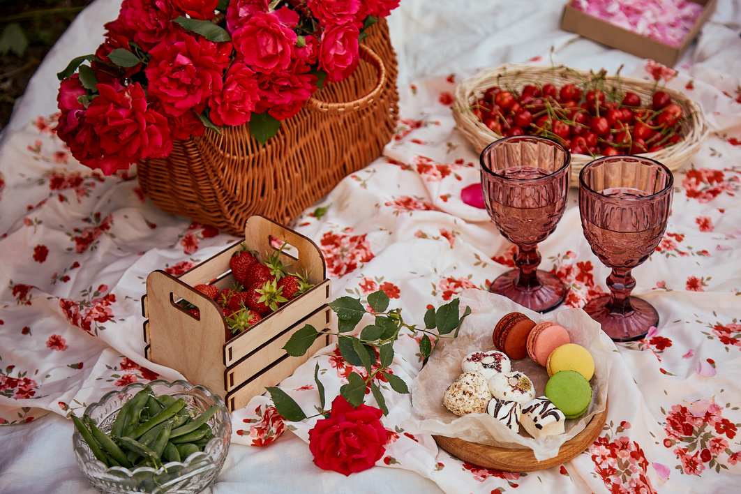 Romantic aesthetic pink picnic with tablecloth marshmallows,